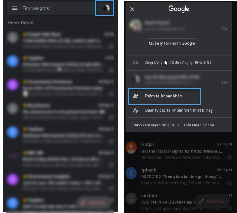  Vào ứng dụng Gmail chọn Thêm tài khoản khác