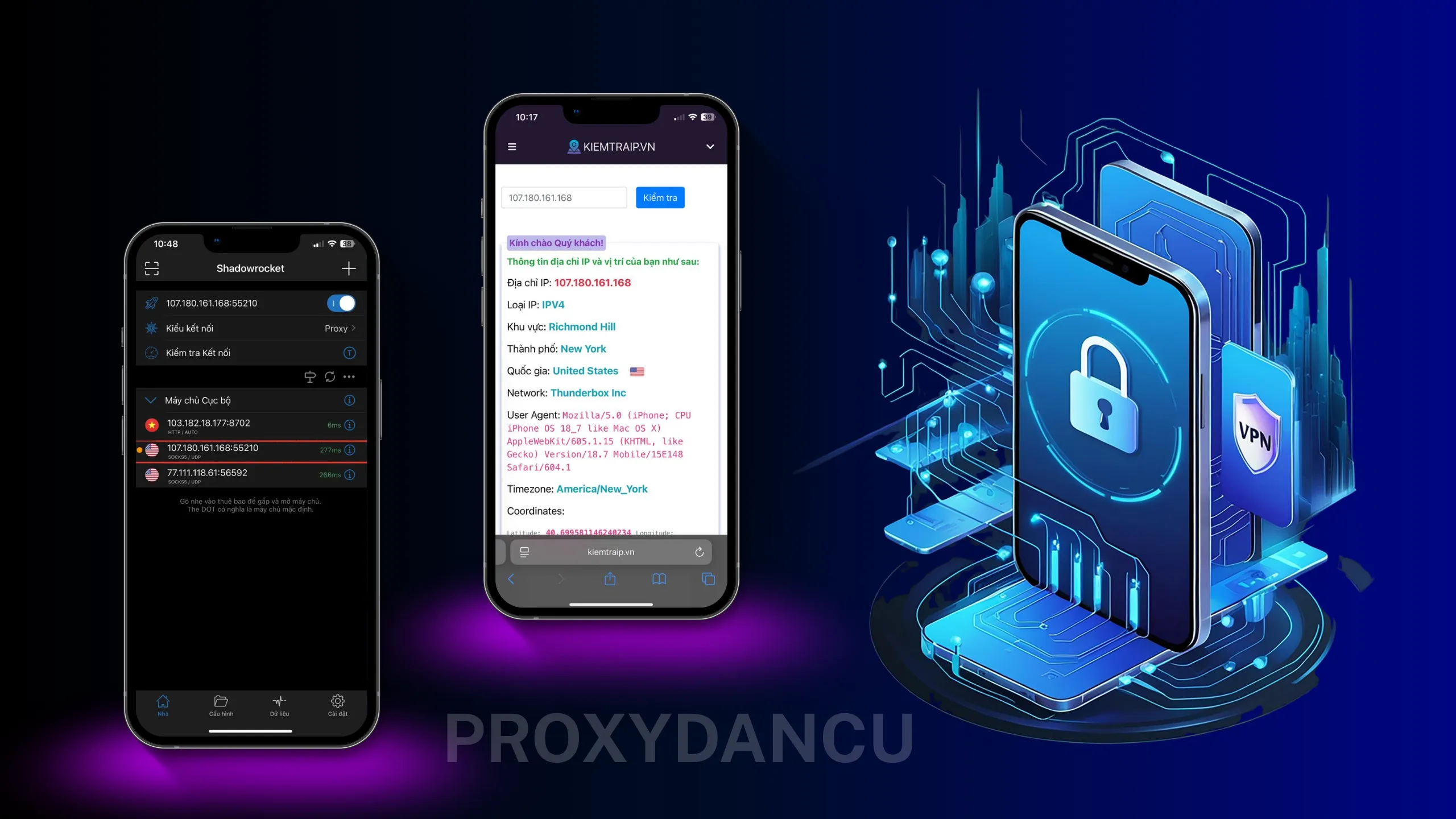 Kiểm tra IP sau khi fake proxy trên shadowlocket